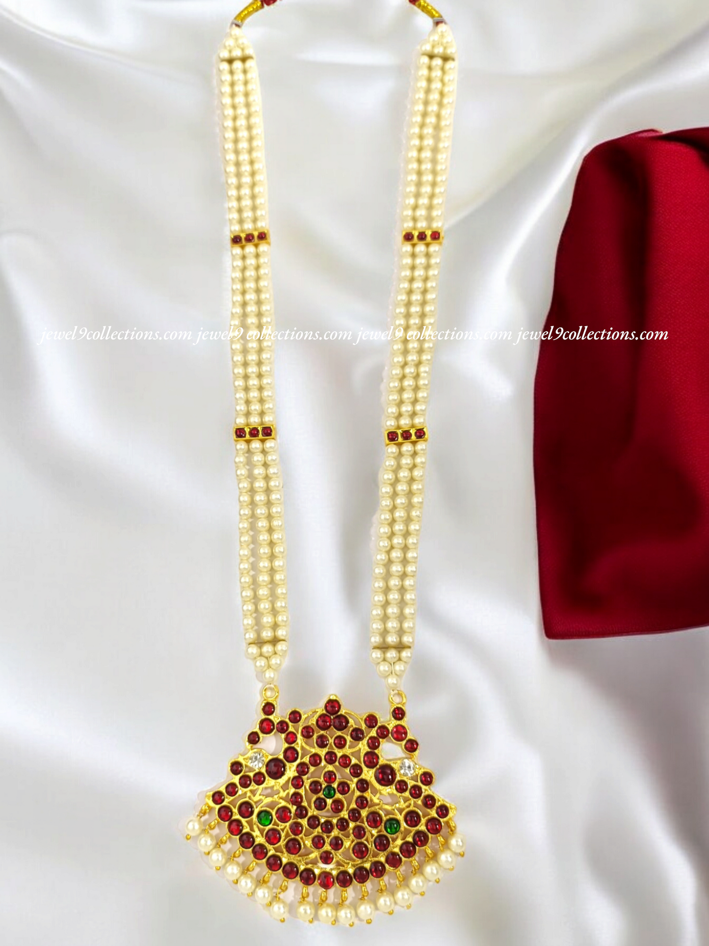 Bharatanatyam Kempu Pearls Long Chain Necklace