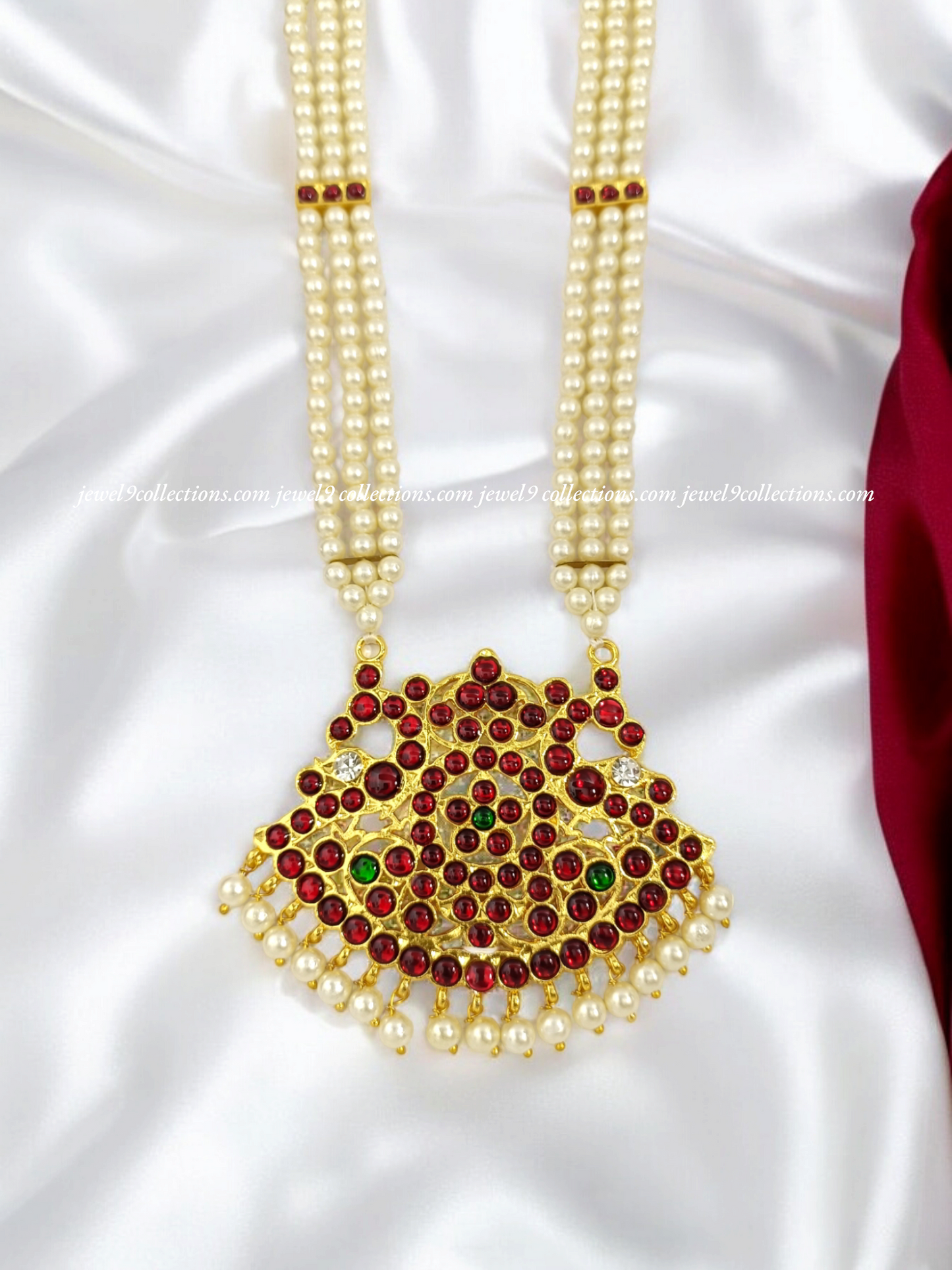 Bharatanatyam Kempu Pearls Long Chain Necklace